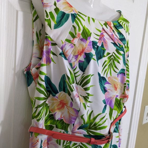 Dressbarn White Green Purple Floral Sleeveless Belted Midi Dress - size 16W - Picture 6 of 15